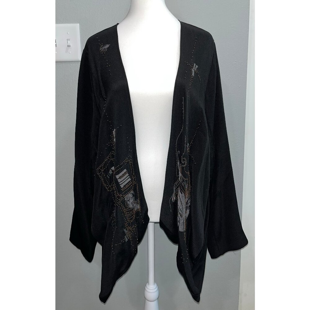 Eileen Fisher 100% Silk Black Long Sleeve Open Drape Jacket, Embellished, Size L